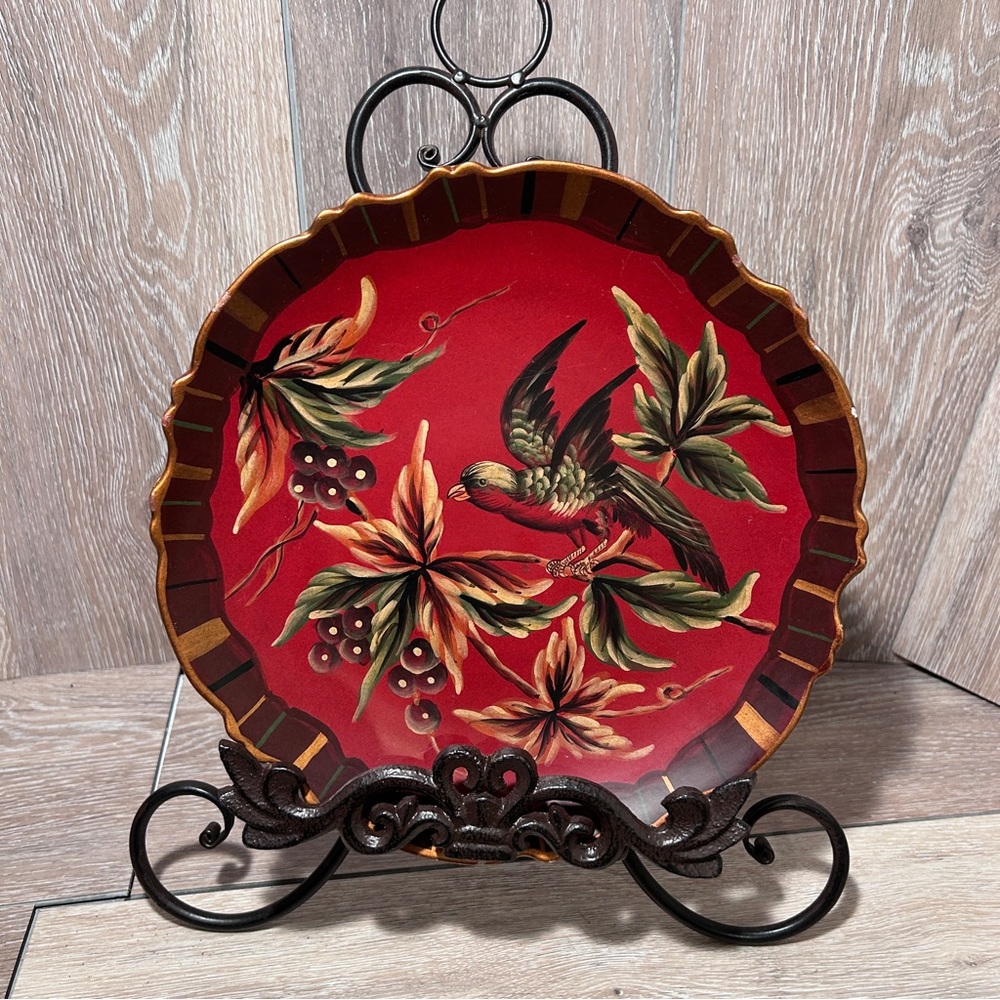 Vintage Hand-Painted Bird & Berry Decorative Plate Red Scallop Edge Gold Trim